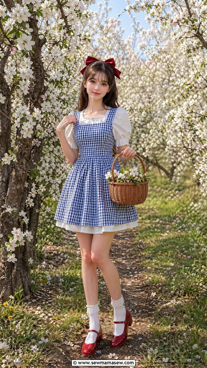 Blue Gingham Pinafore Over Puff Sleeve Blouse With Red Bow - 35 cottagecore outfits for women