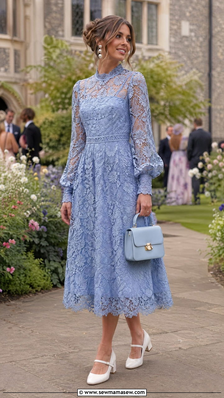 Blue Lace Midi Dress with White Accessories - 35 spring wedding guest outfit ideas for women