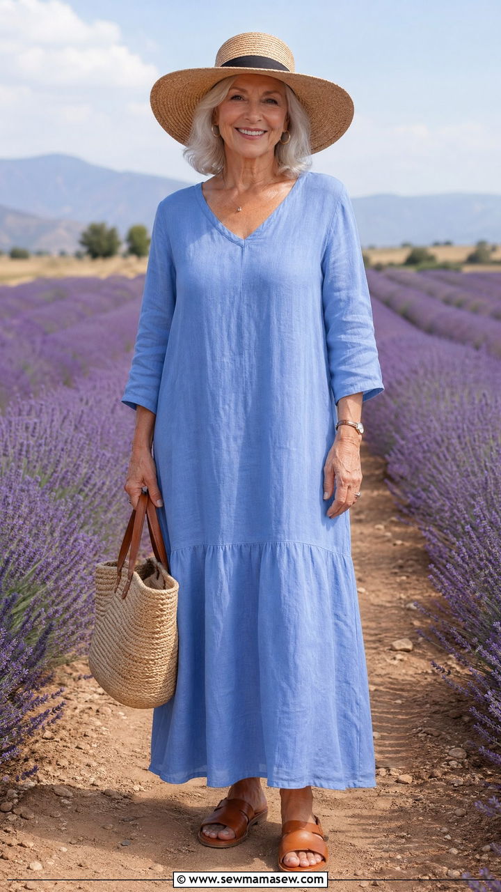 Blue Linen Maxi Dress With Straw Hat - 35 Vacation outfit ideas for women over 60