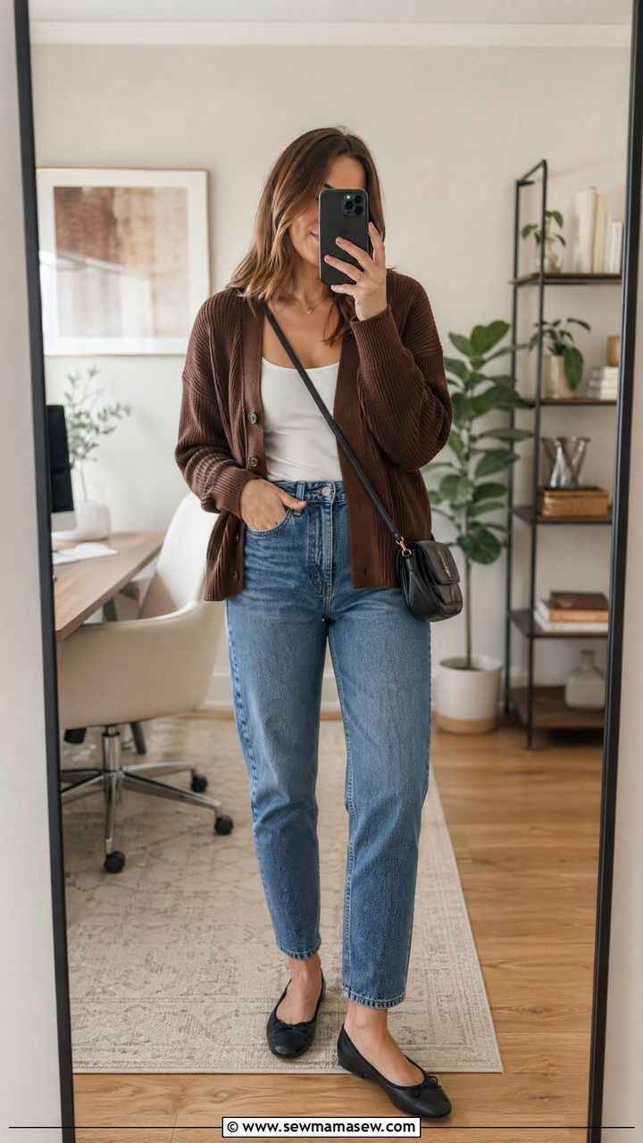 Blue Mom Jeans with Brown Knit Cardigan and Flats - 35 cute office outfits
