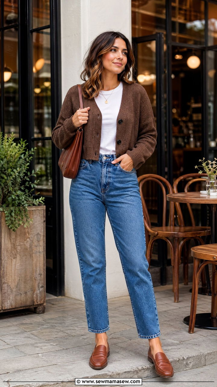 Blue Mom Jeans with Brown Knit Cardigan - 35 cute business casual outfits