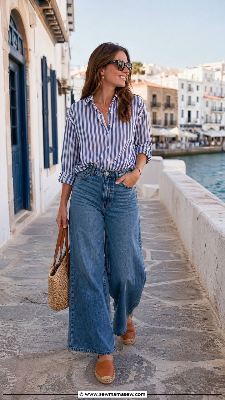 Blue Palazzo Jeans With Striped Shirt - 35 Classy summer outfit ideas 2026