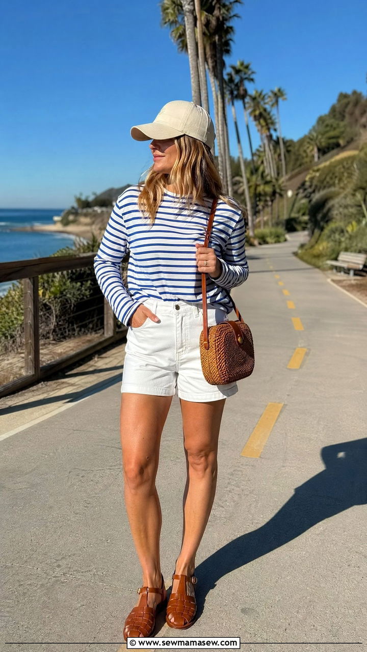 Blue Striped Long Sleeve Tee and White Denim Shorts - 35 summer coastal grandmother outfit ideas