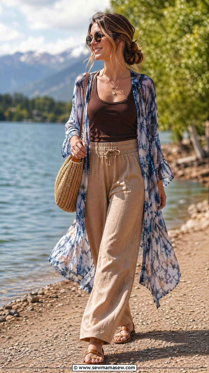 Blue Tie Dye Kimono With Tank And Tan Pants Spring Boho - 35 spring boho outfit ideas