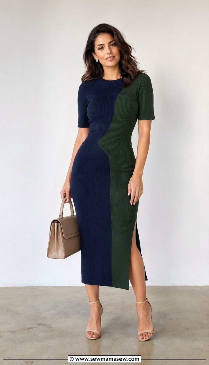 Blue and Green Color Block Knit Dress - 30 Blue and green outfit ideas