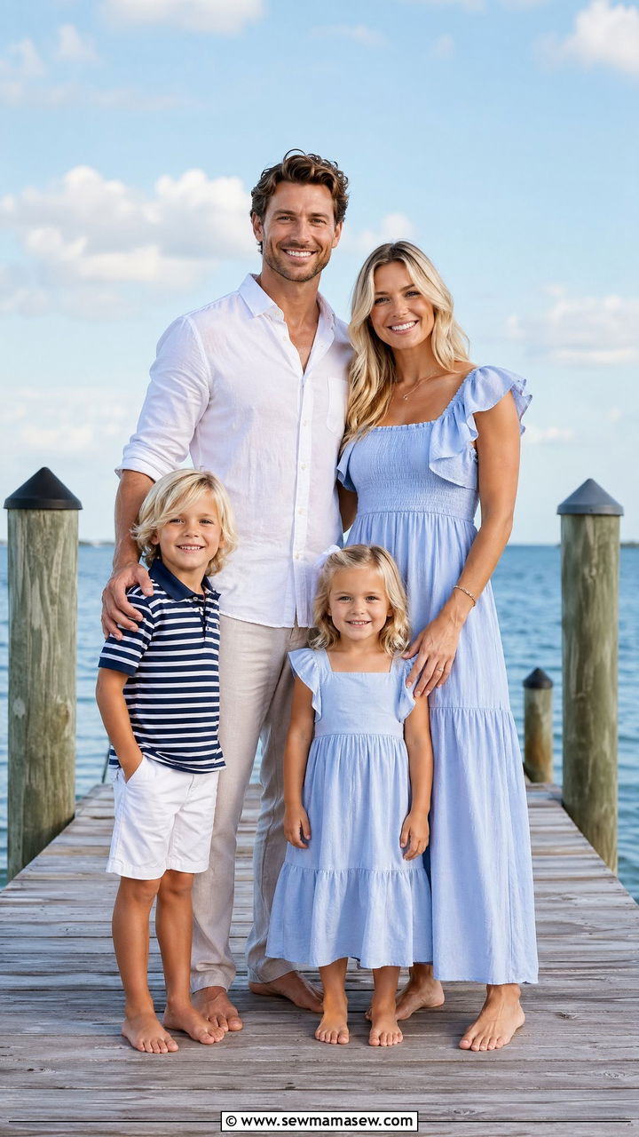 Blue and White Coastal Outfits for Beach Photos - 35 summer family photo outfit ideas