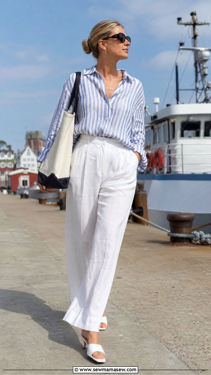 Blue and White Striped Linen Pullover and White Linen Pants - 35 summer coastal grandmother outfit ideas
