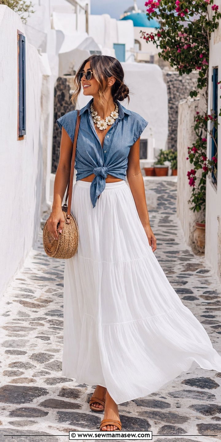 Blue denim top with white maxi skirt - 35 Santorini vacation outfit ideas
