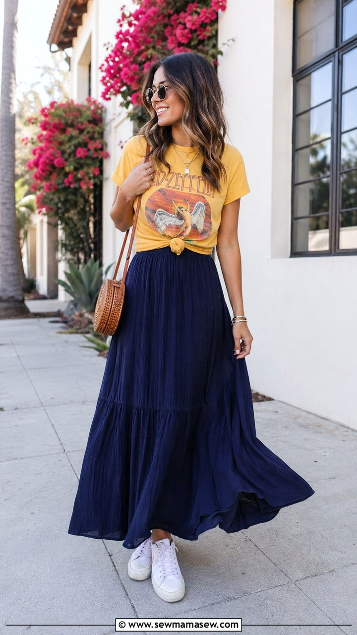 Blue maxi skirt and yellow graphic tee - 30 Blue and yellow outfit ideas