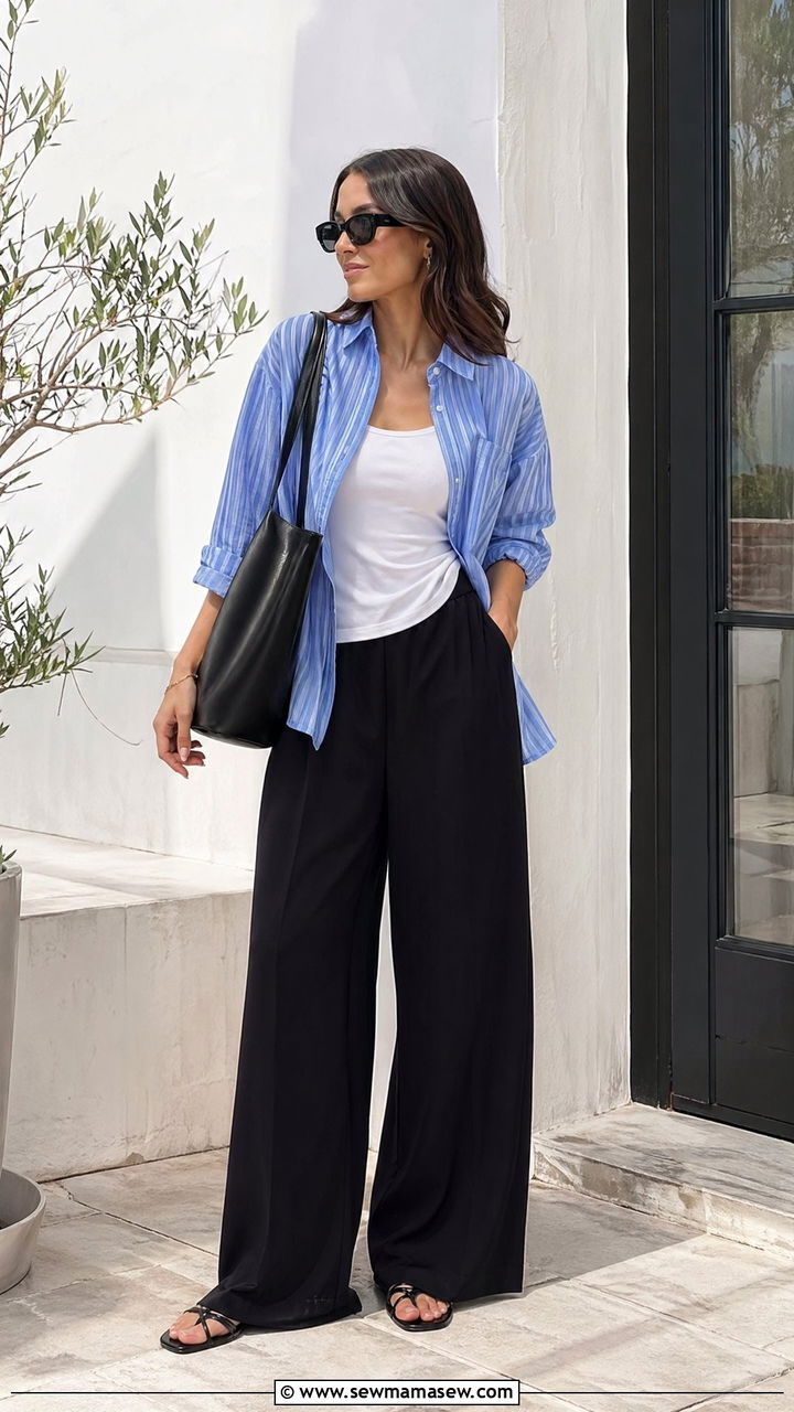 Blue striped shirt and black wide leg trousers outfit - 35 Summer office outfit ideas