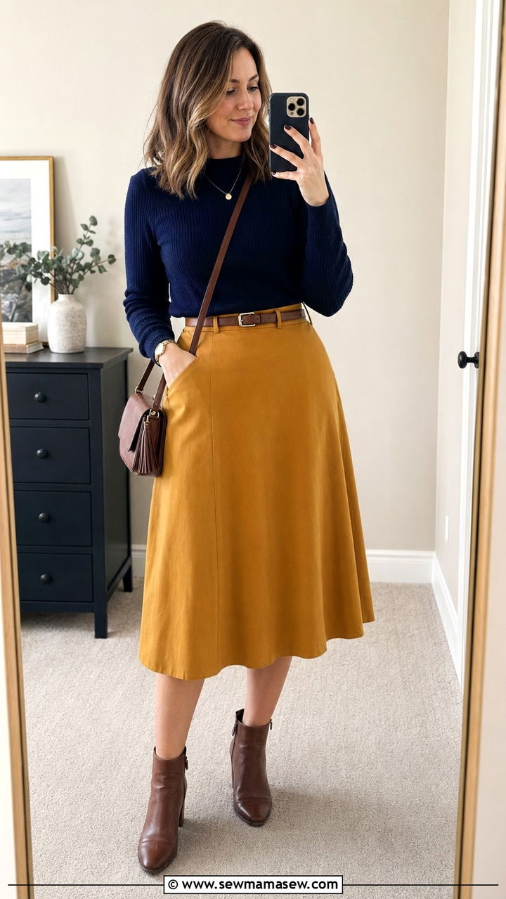 Blue sweater and yellow midi skirt - 30 Blue and yellow outfit ideas