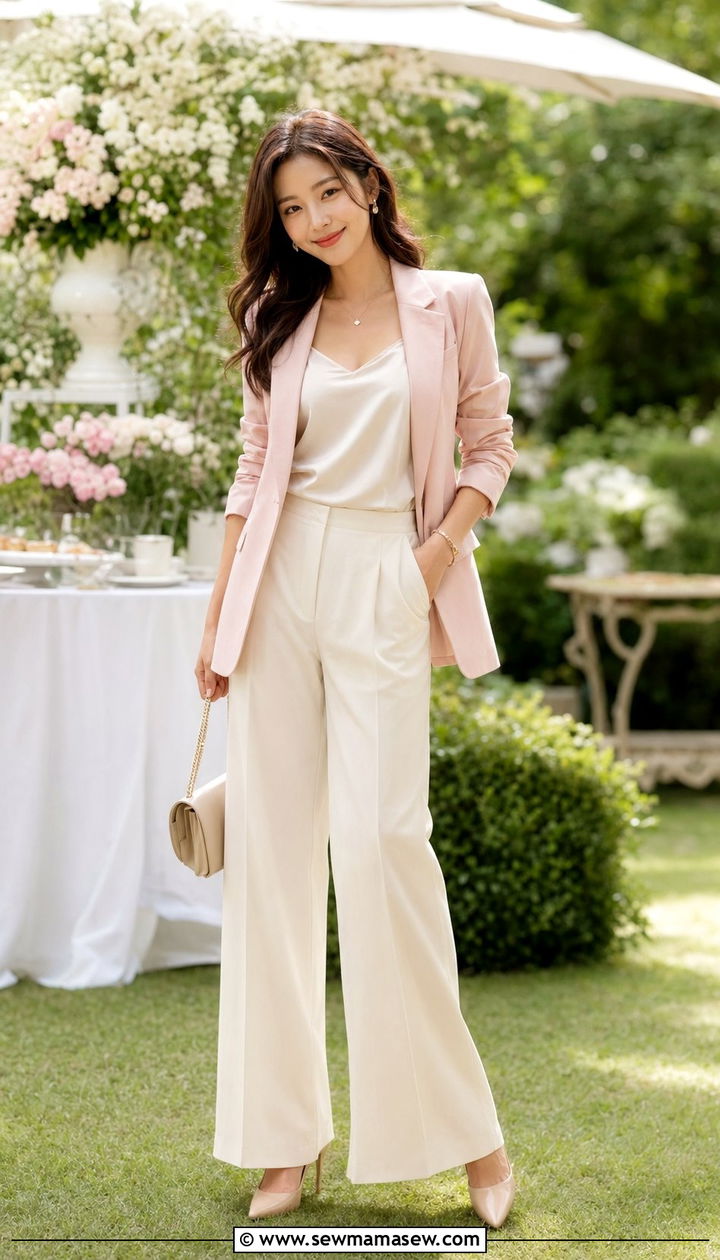 Blush Blazer with Cream Wide Leg Trousers Outfit - 30 Best blazers for petite women