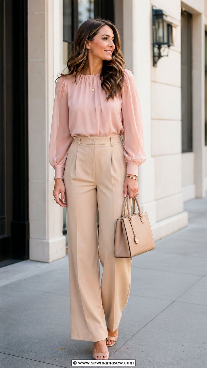 Blush Blouse With Beige Trousers Spring Outfit - 35 Spring outfits in pink