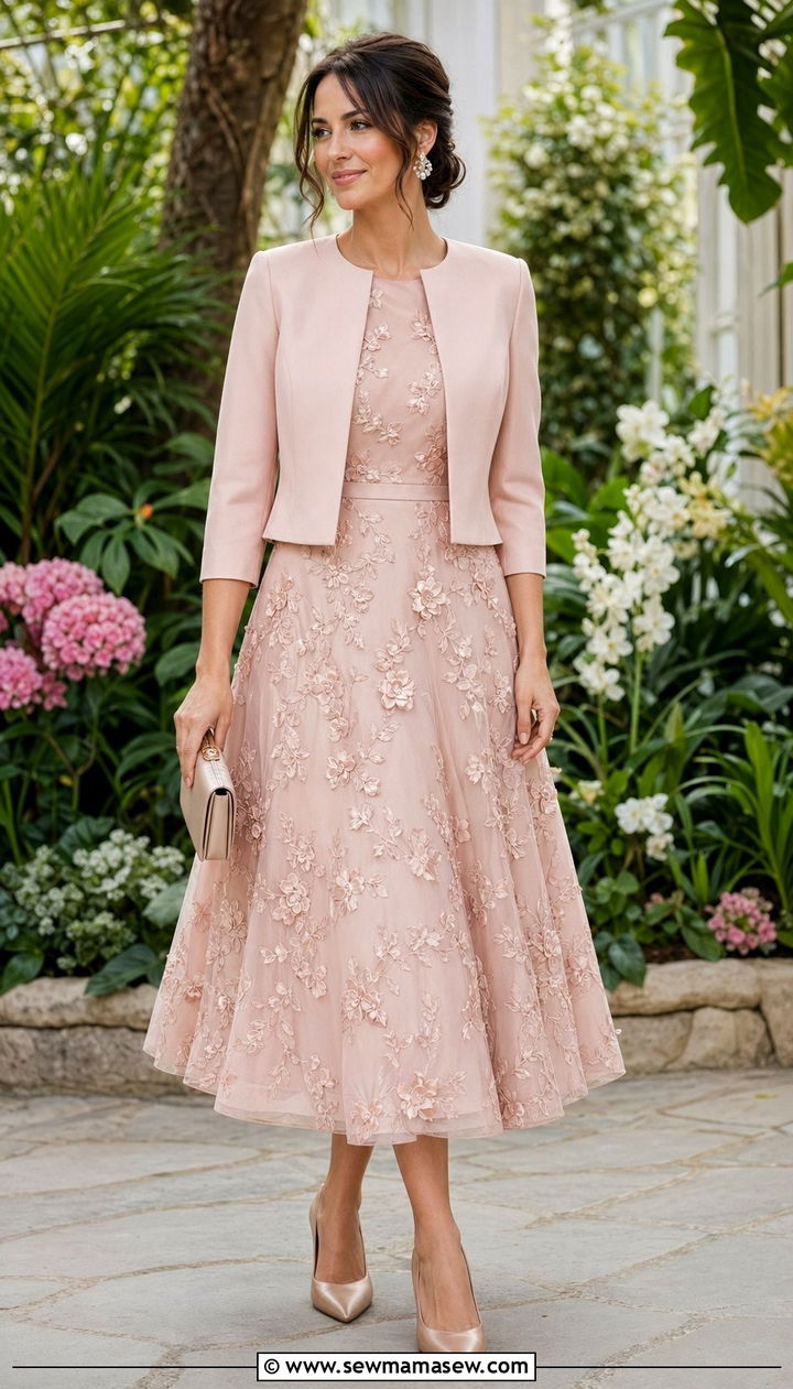 Blush Floral Applique Tea Length Dress - 30 Wedding guest outfits for mom