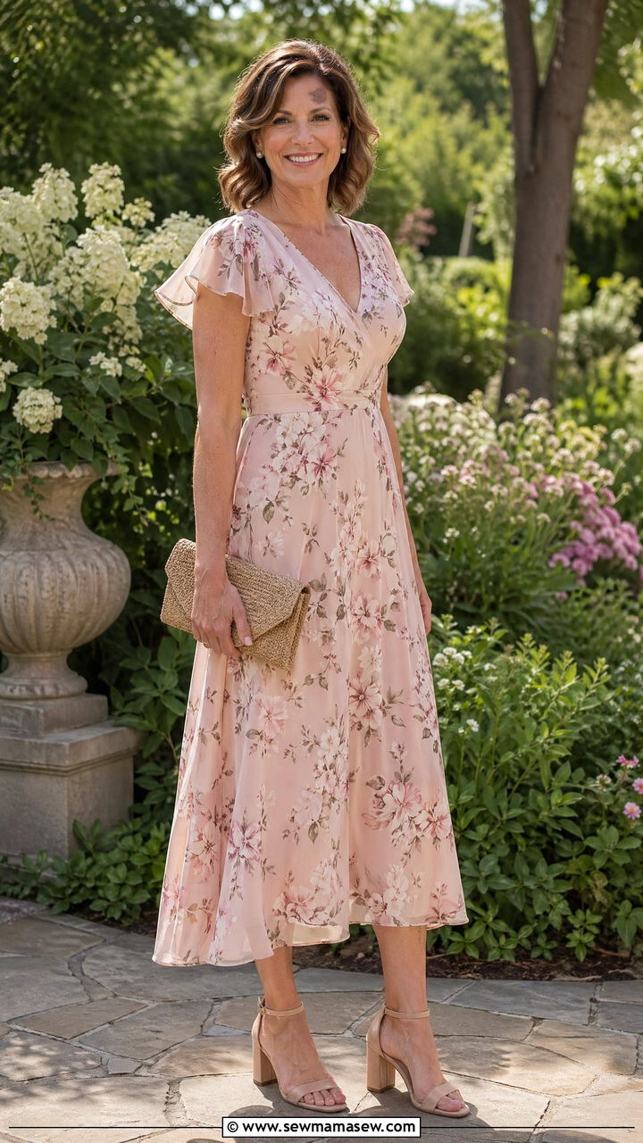 Blush Floral Midi Dress for Garden Wedding - 35 Wedding guest outfits for women over 40