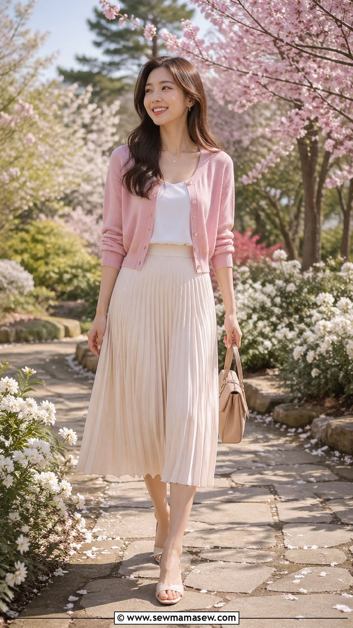 Blush Knit Cardigan With Pleated Midi Skirt - 30 Soft girl spring outfits