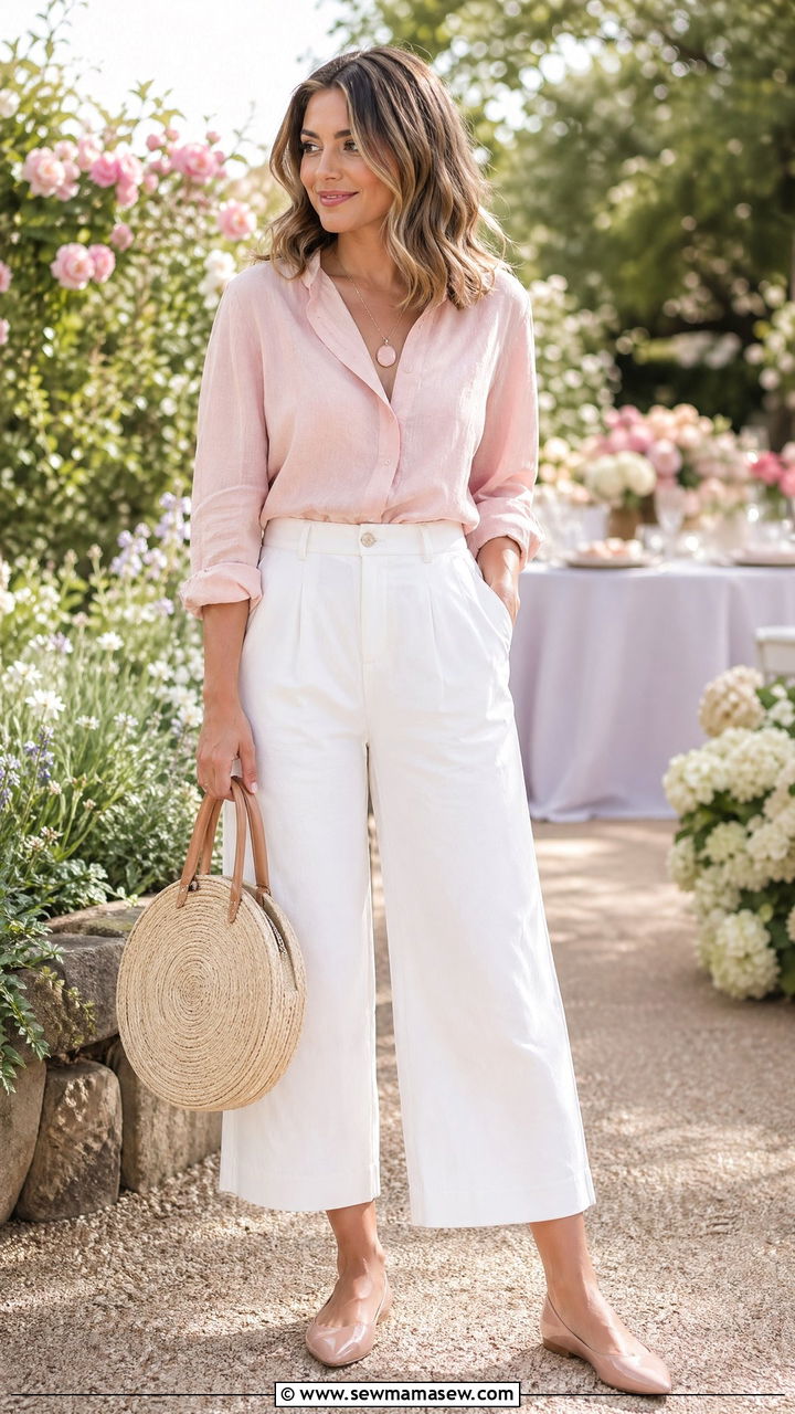 Blush Linen Blouse and White Wide Leg Cropped Pants - 35 coastal grandmother outfits for women
