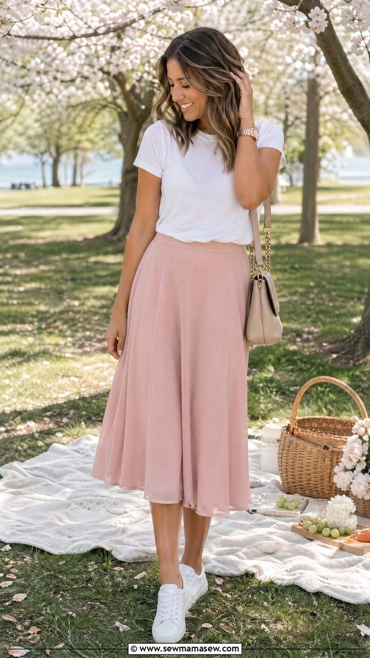 Blush Midi Skirt and Tee Outfit Spring - 35 spring minimalist outfits