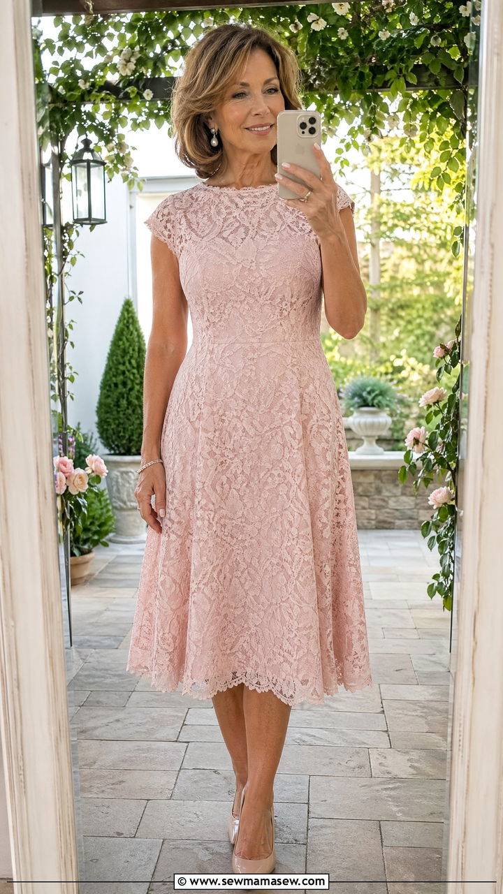 Blush Pink A Line Dress with Pearl Earrings - 35 Wedding guest outfits for women over 50