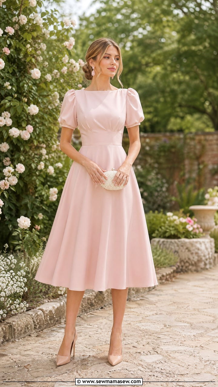 Blush Pink A Line Midi Dress - 35 Wedding guest outfits for tall women