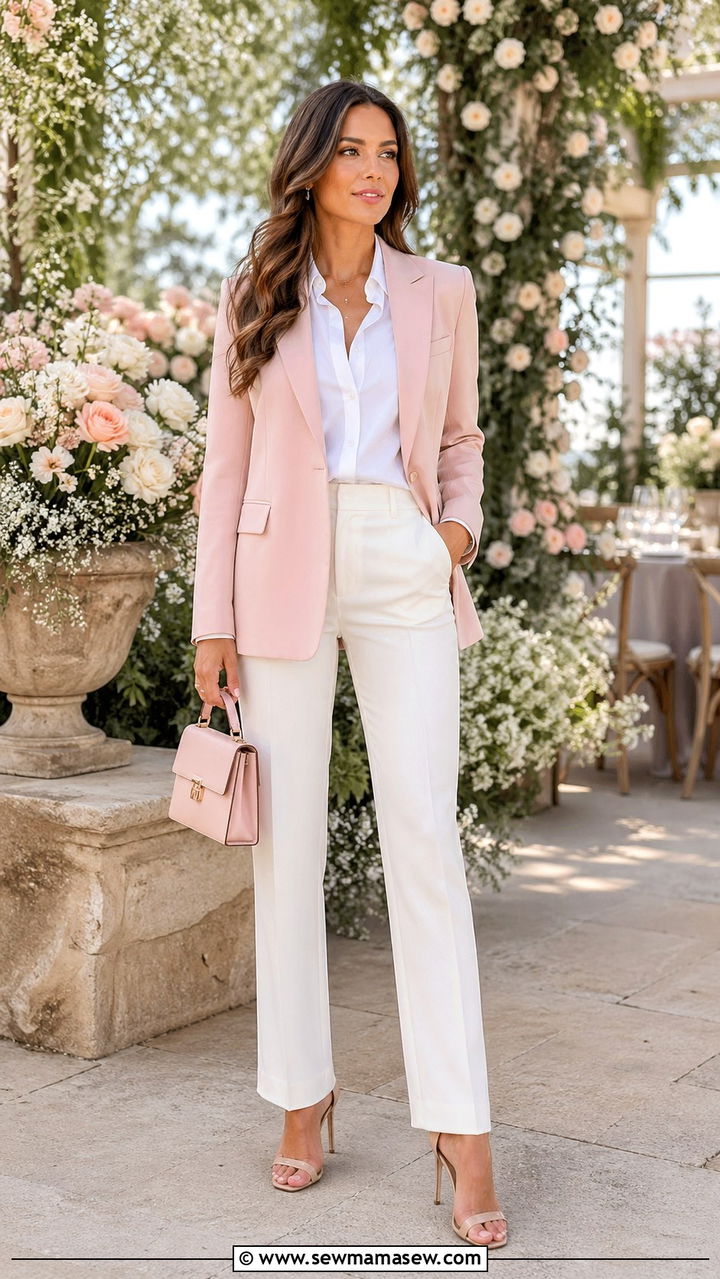 Blush Pink Blazer With Tailored White Trousers - 30 spring blazer outfit ideas
