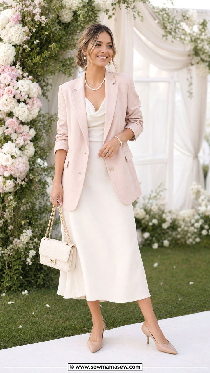 Blush Pink Blazer with an Ivory Midi Dress - 35 Old money summer outfits