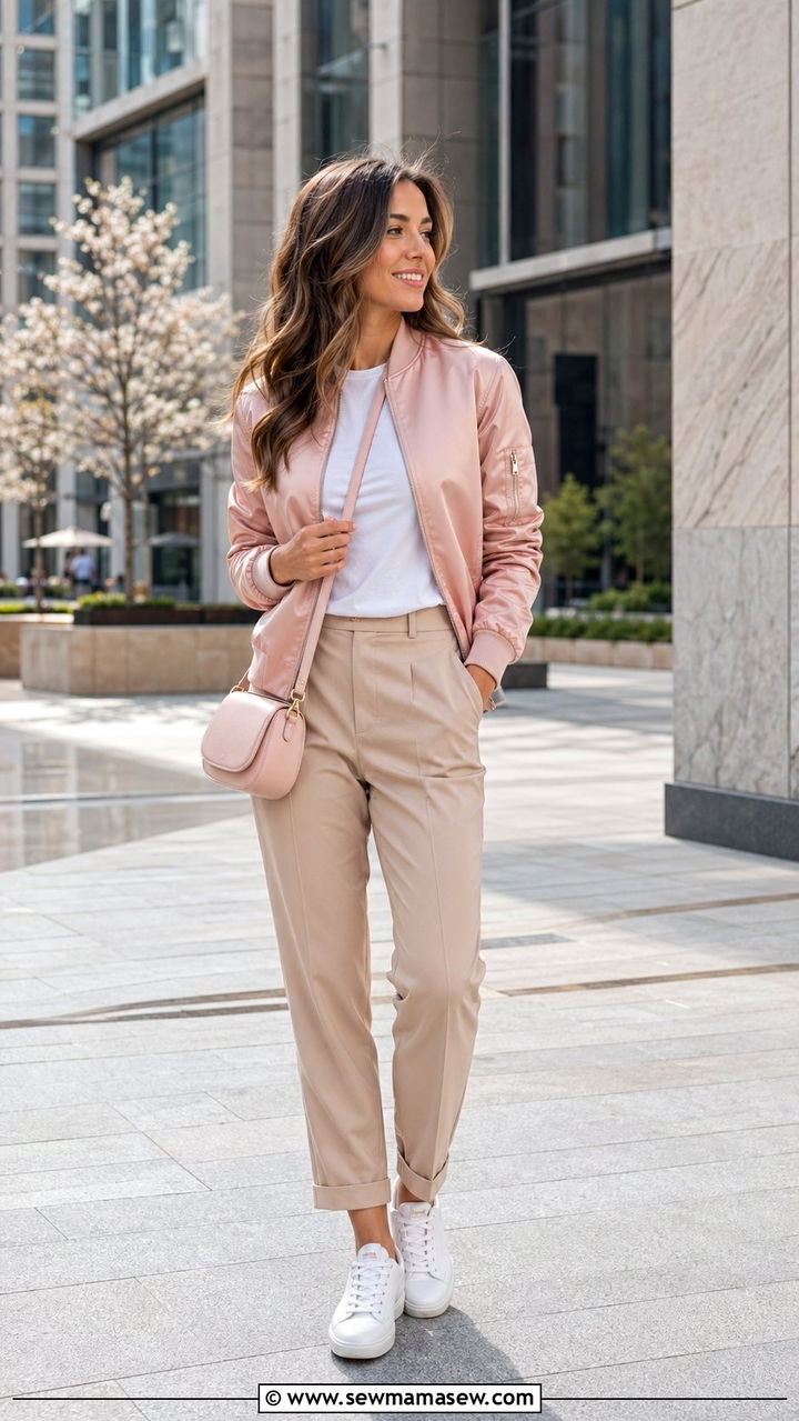 Blush Pink Bomber Jacket With Tailored Trousers Spring Outfit - 35 Pastel spring outfits