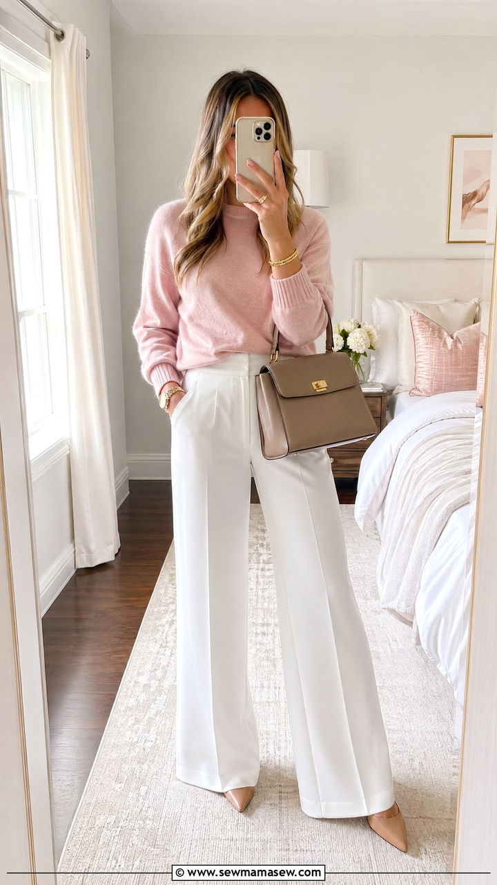 Blush Pink Cashmere Sweater With White Wide Leg Trousers - 35 classy quiet luxury outfits