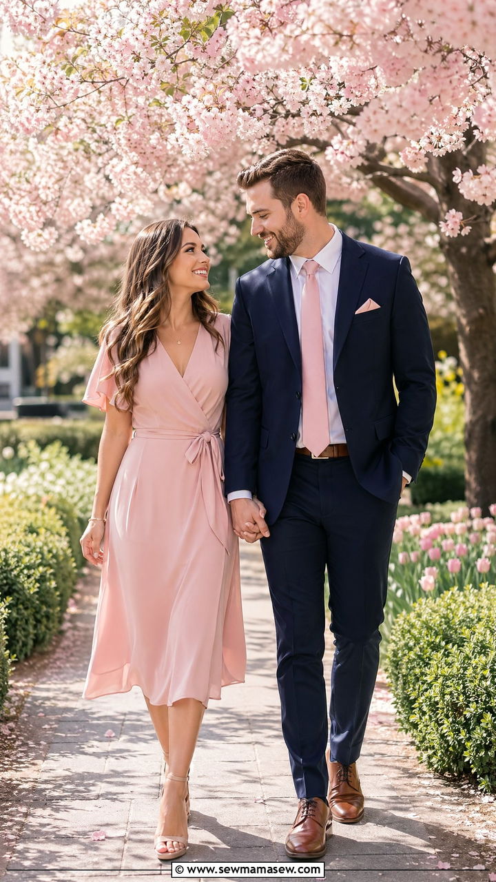 Blush Pink Dress and Navy Suit Spring Couple Outfit - 35 Couples photoshoot outfit ideas