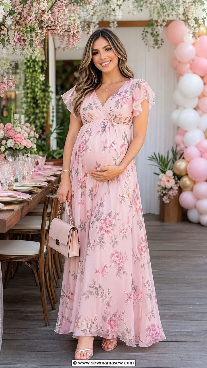 Blush Pink Floral Maxi Dress Baby Shower Look - 35 spring baby shower outfit ideas