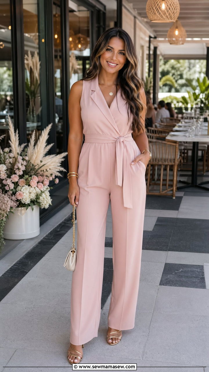 Blush Pink Jumpsuit with Gold Accessories - 35 spring bridal shower outfit ideas