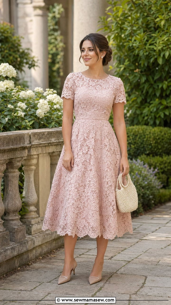 Blush Pink Lace Tea Length Dress - 30 Wedding guest outfits spring 2026