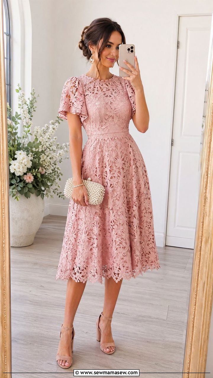 Blush Pink Midi Dress Wedding Guest Outfit - 35 Wedding guest outfits for women