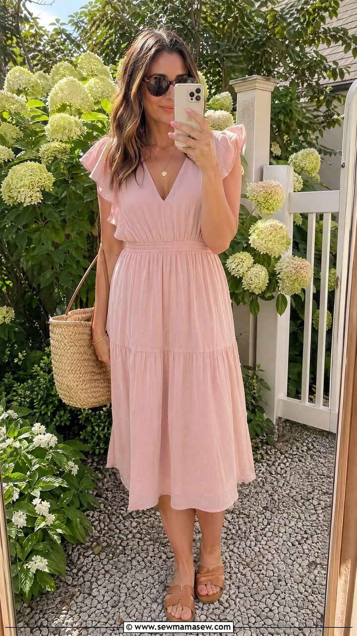 Blush Pink Midi Dress With Tan Sandals - 35 Spring pink outfit ideas