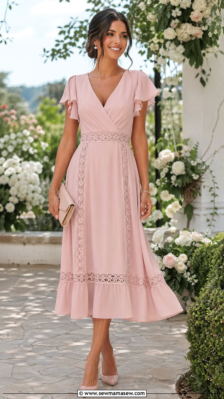Blush Pink Midi Dress with Flutter Sleeves and Lace Trim - 35 cute summer wedding guest outfits