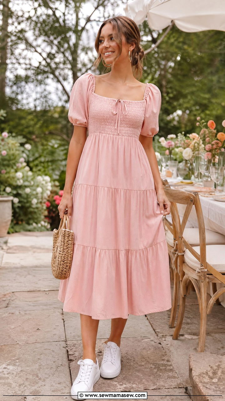 Blush Pink Midi Dress with White Sneakers and a Basket Bag - 35 spring casual chic outfit ideas
