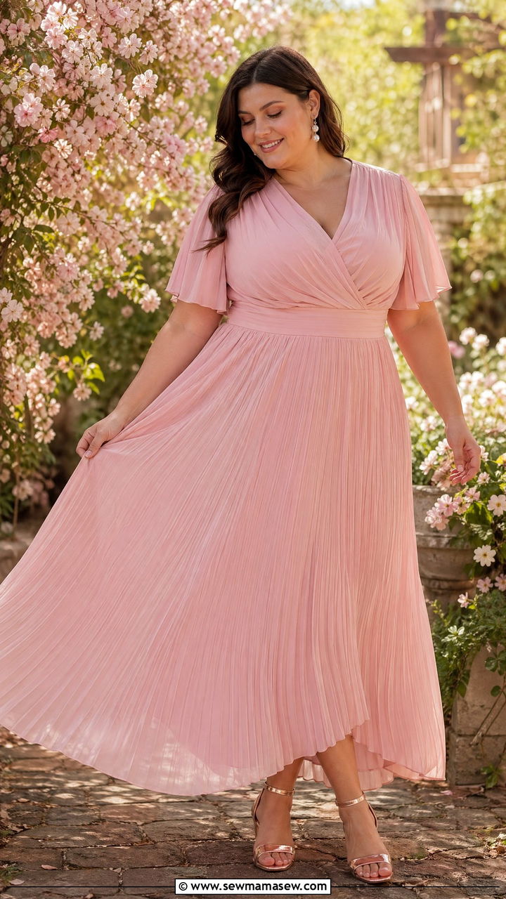 Blush Pink Pleated Plus Size Wedding Guest Maxi Dress - 35 wedding guest outfits for plus size women