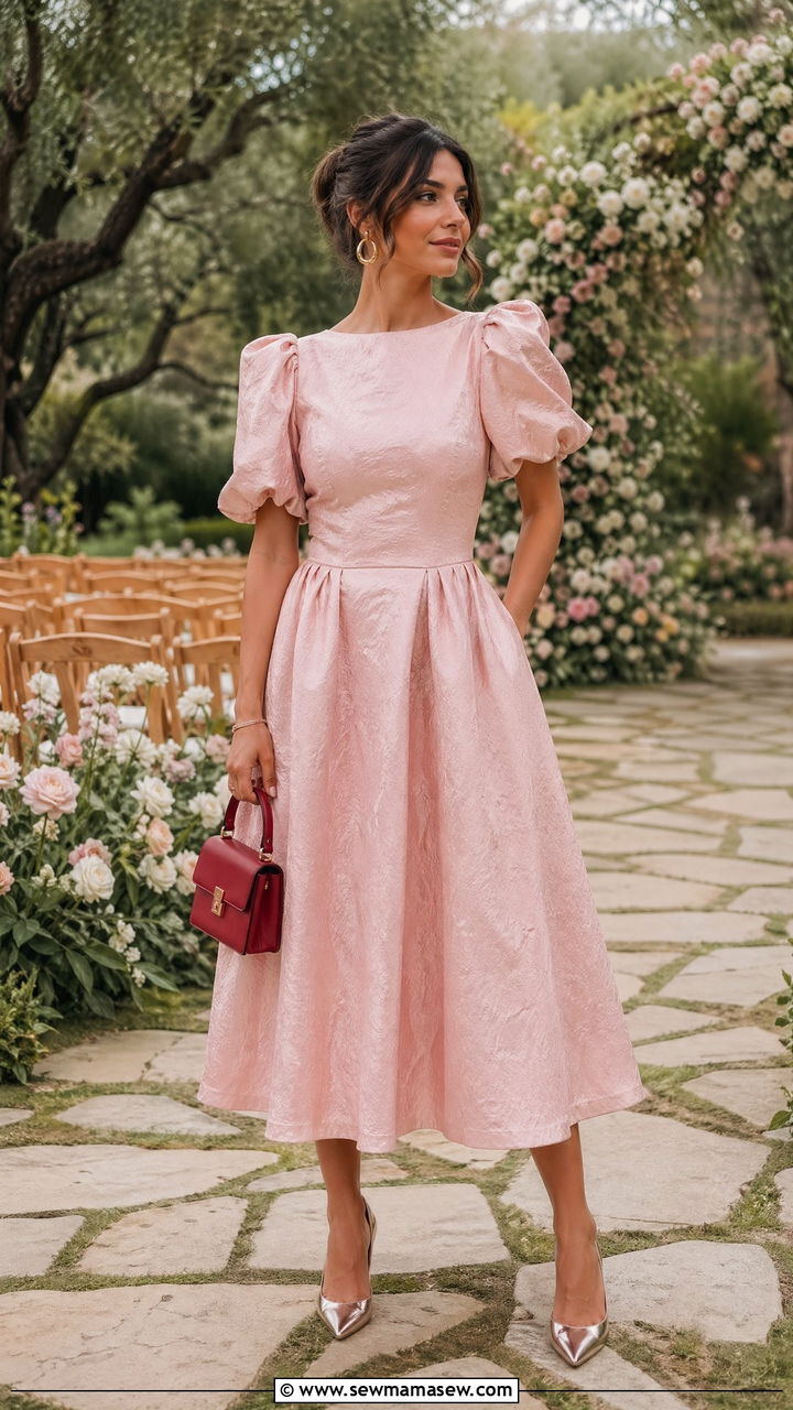 Blush Pink Puff Sleeve Midi Dress with Red Bag - 35 What to wear to a spring wedding