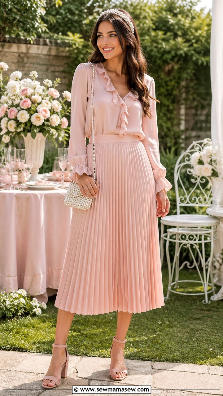 Blush Pink Silk Ruffle Trim Blouse and Pleated Midi Skirt Set - 30 Silk matching set outfit ideas