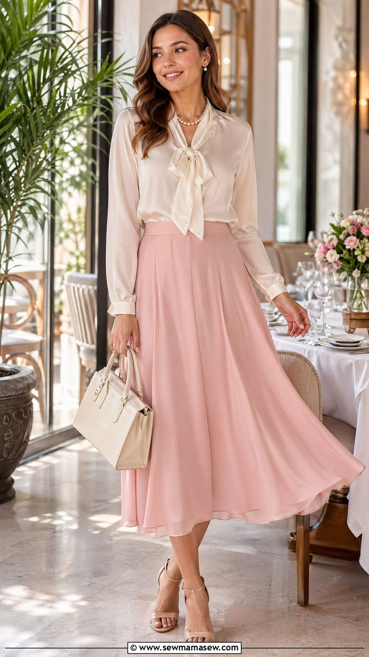 Blush Pink Skirt and Cream Blouse Outfit - 35 Spring outfits in pastel
