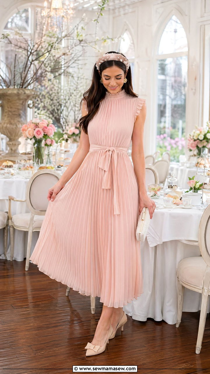 Blush Pleated Dress with Statement Headband - 35 spring bridal shower outfit ideas
