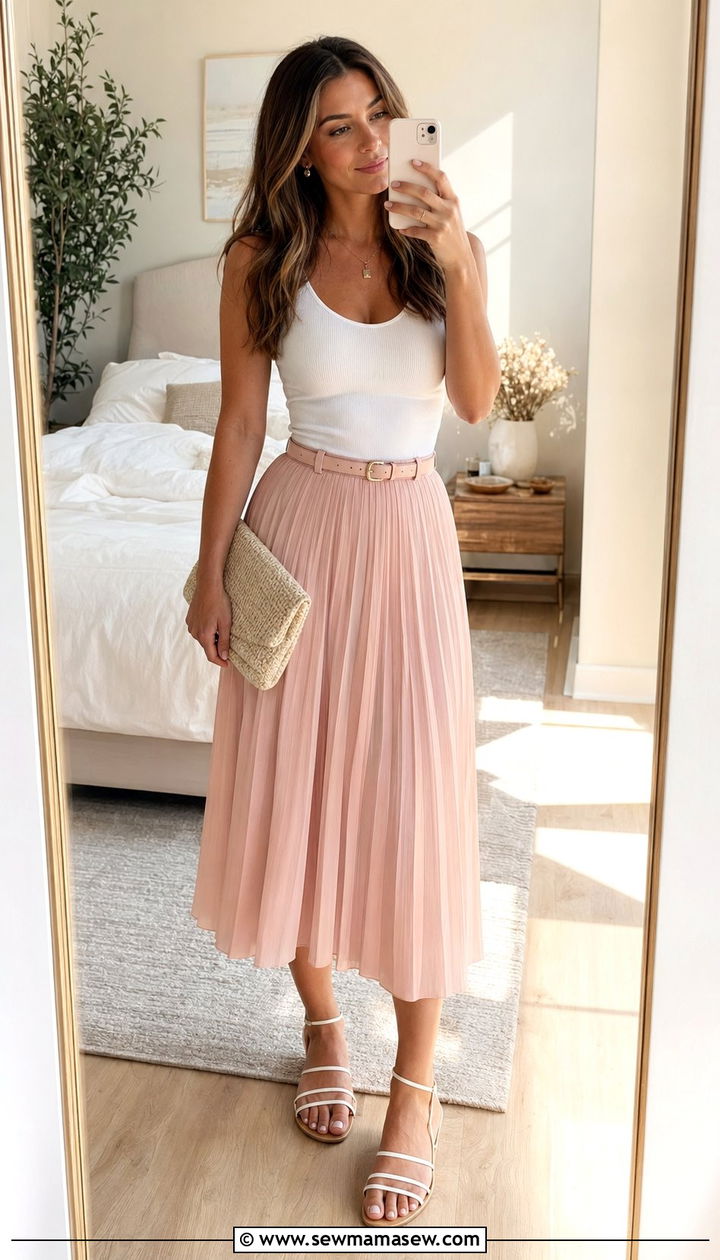 Blush Pleated Skirt With A White Tank Top Spring Outfit - 35 Pastel spring outfits