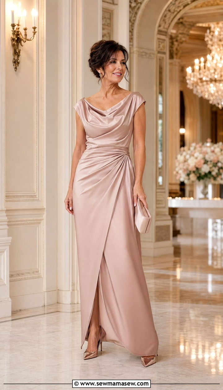 Blush Satin Gown With Draped Neckline - 30 Wedding guest outfits for mom
