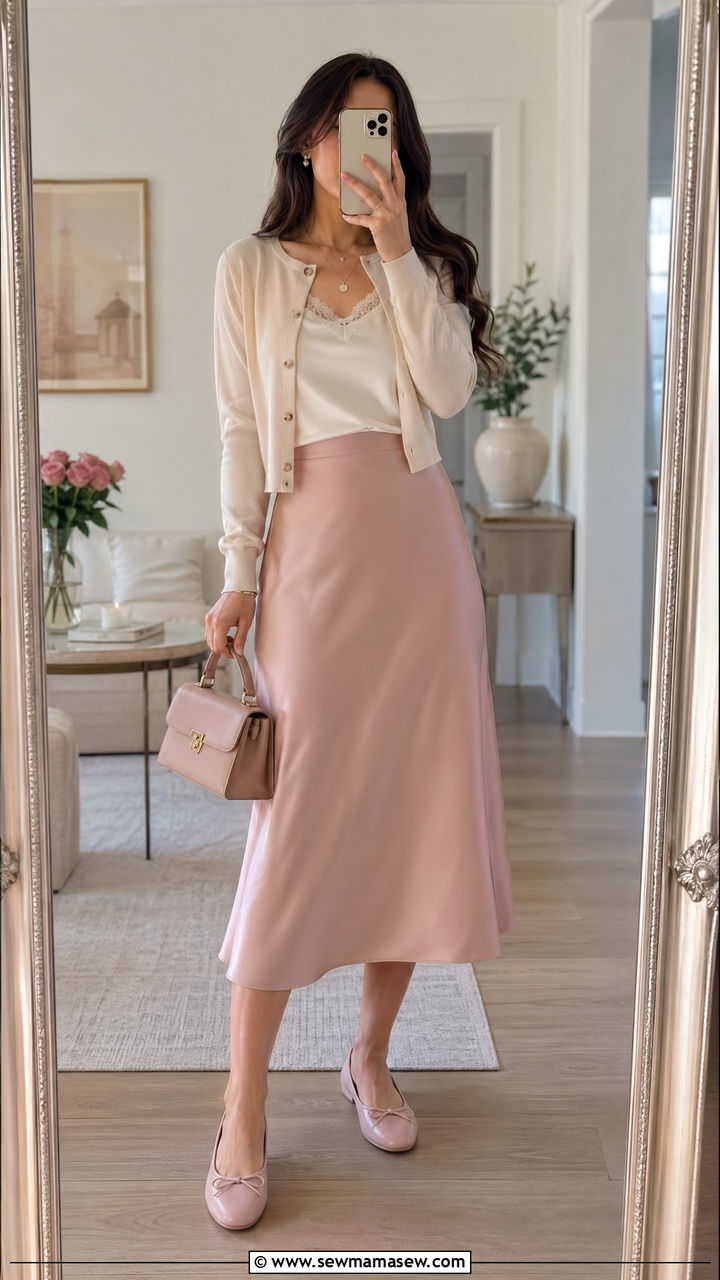 Blush Satin Midi Skirt with Cream Cropped Cardigan - 35 Soft girl outfit ideas