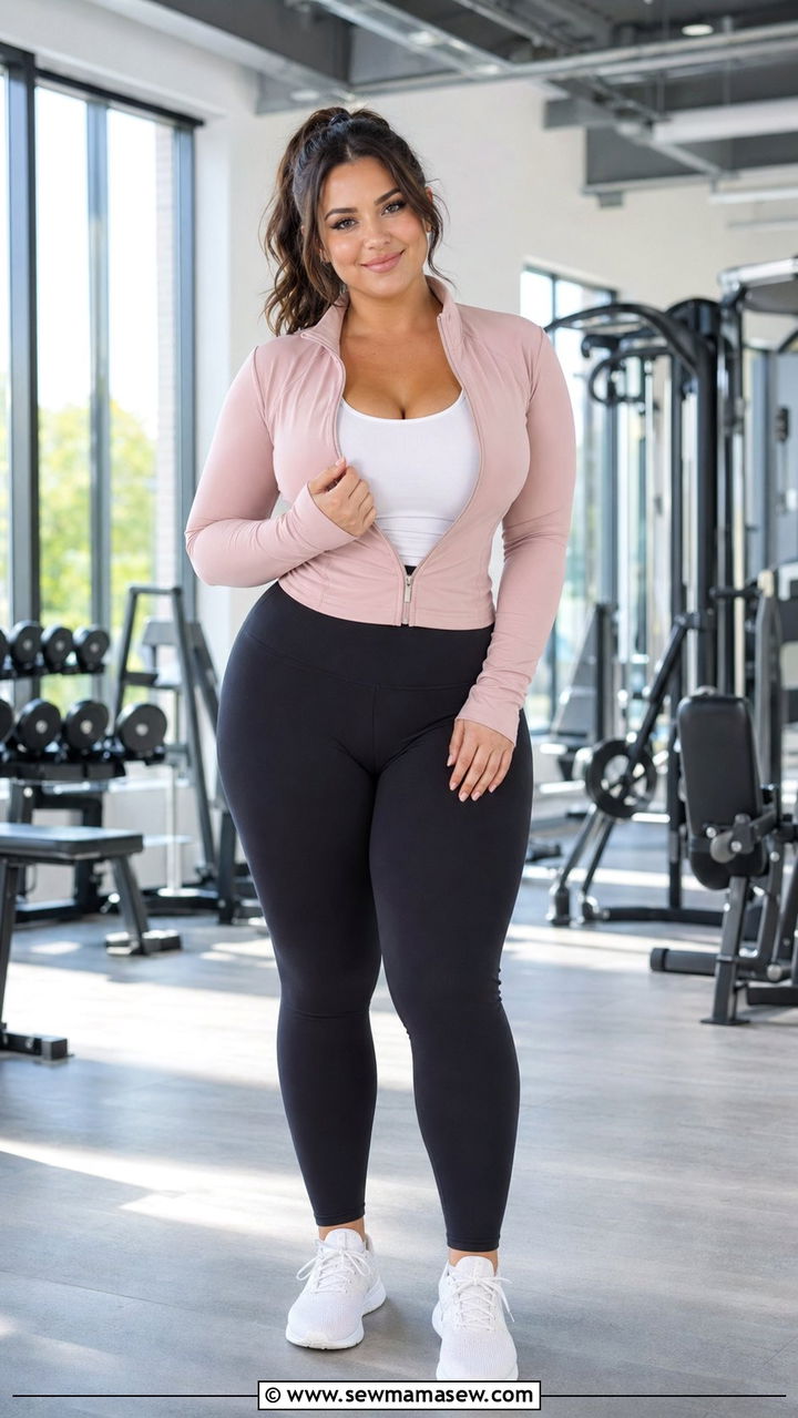Blush Zip Up Jacket With High Waist Leggings - 35 Plus size gym outfit ideas
