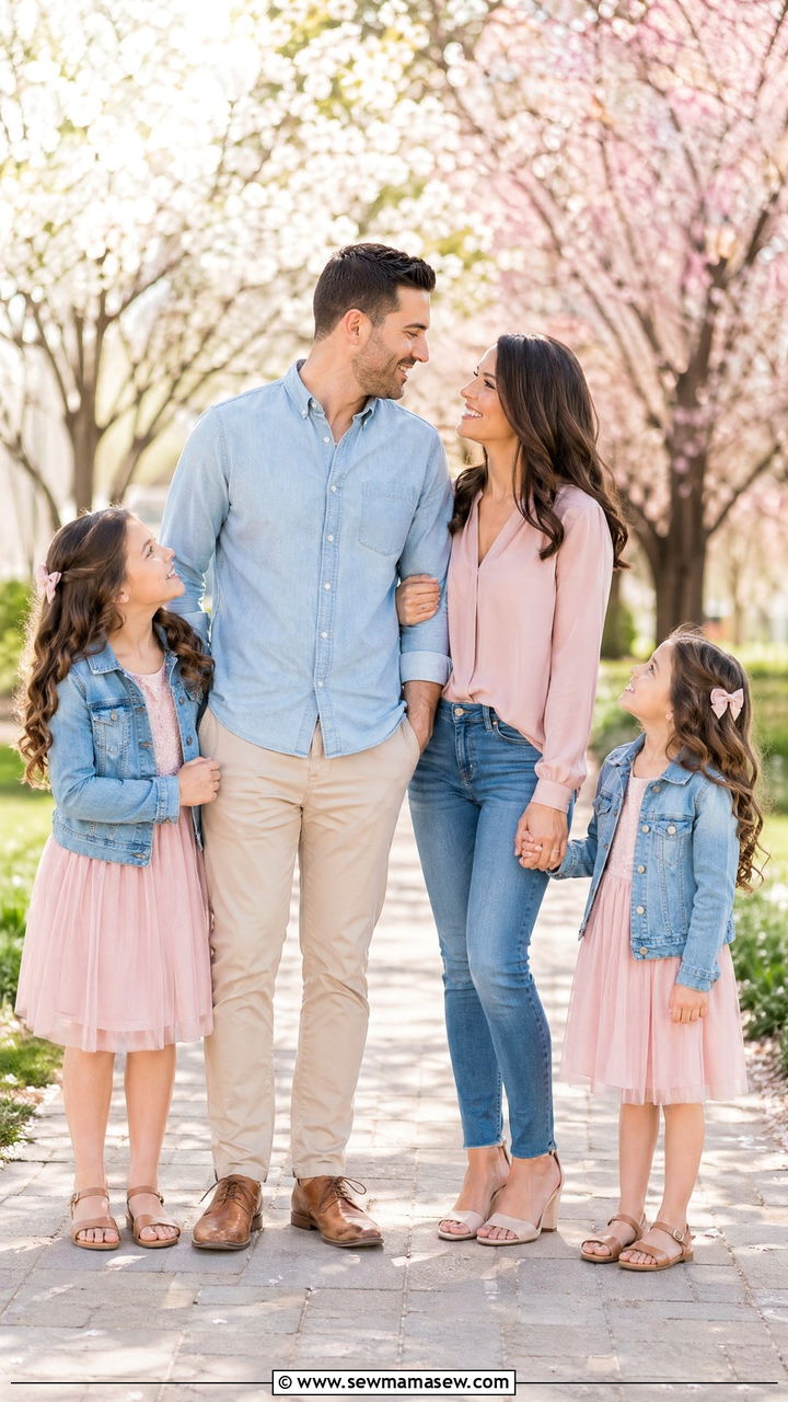Blush and Denim Spring Family Outfit - 35 spring family photoshoot outfit ideas