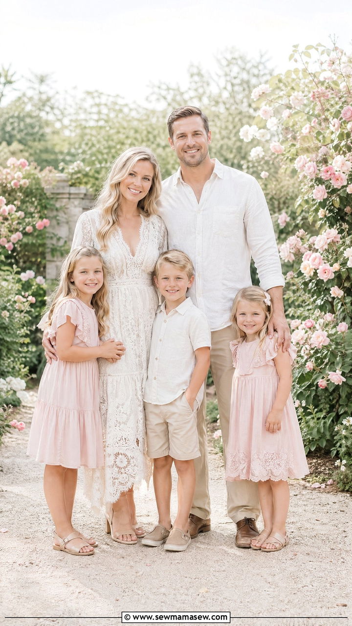 Blush and Ivory Outfits for Garden Family Photos - 35 summer family photo outfit ideas
