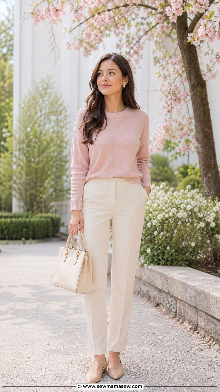 Blush pink sweater and cream trousers outfit - 35 Clean girl aesthetic outfit ideas