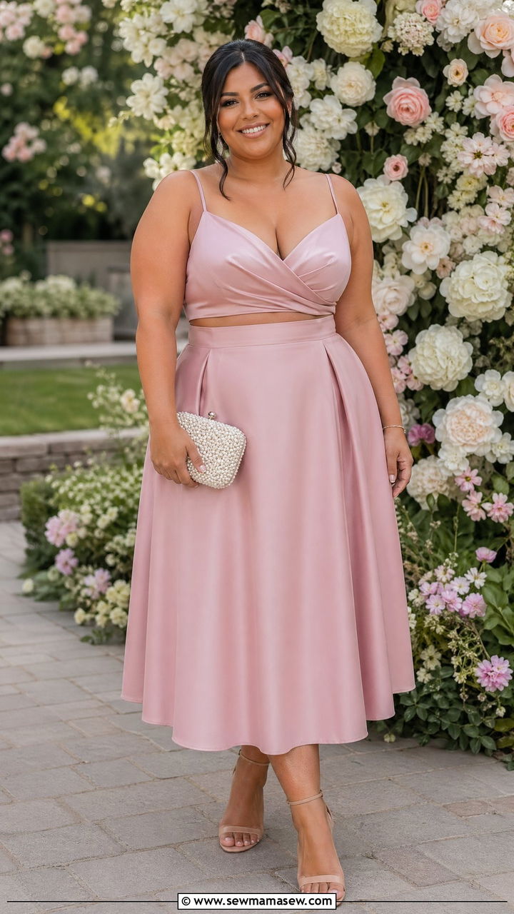 Blush pink two piece set outfit - 35 Curvy girl wedding guest outfits