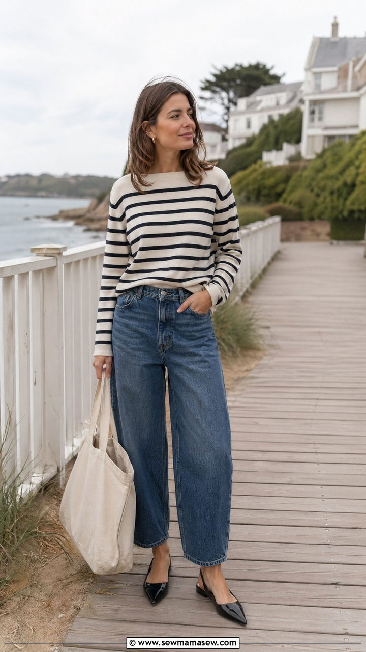 Boat Neck Striped Sweater With Barrel Leg Jeans And Pointed Flats - 35 spring french girl outfits
